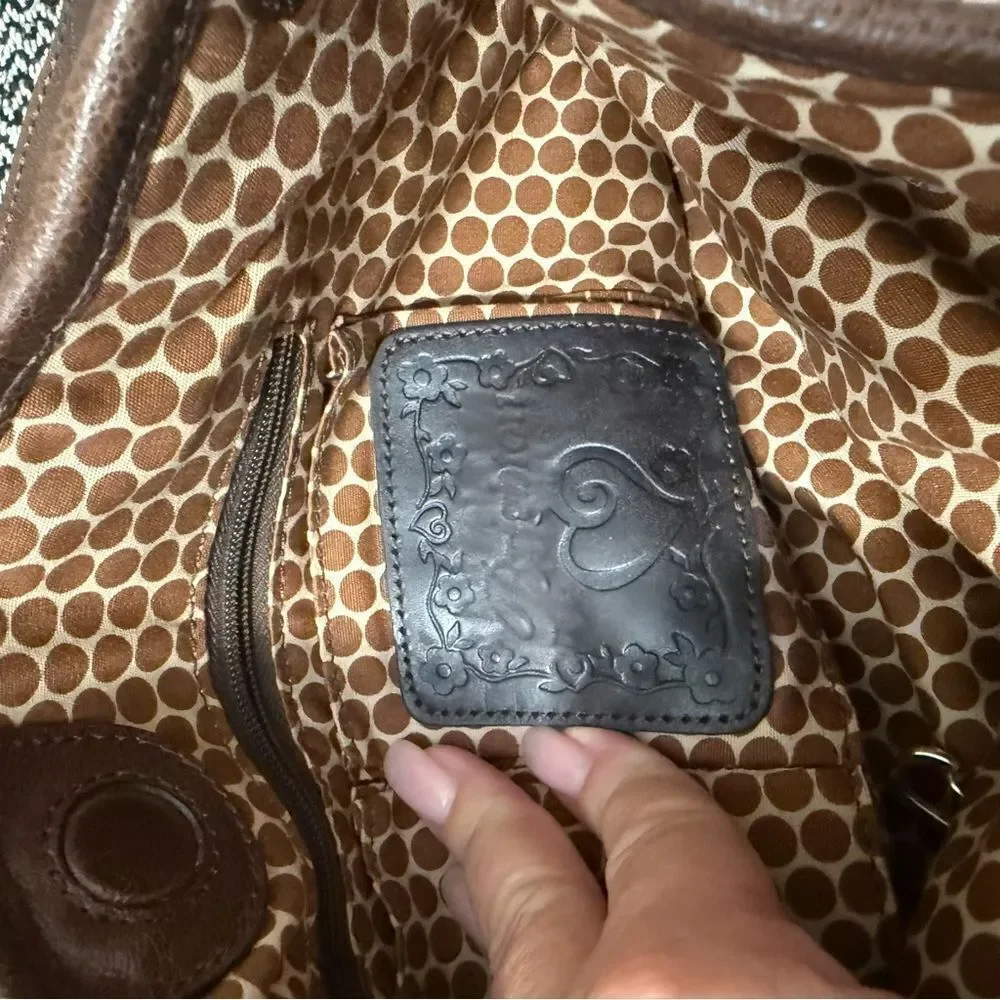 Brighton Brown and Tan Woven Tote with Peace Sign